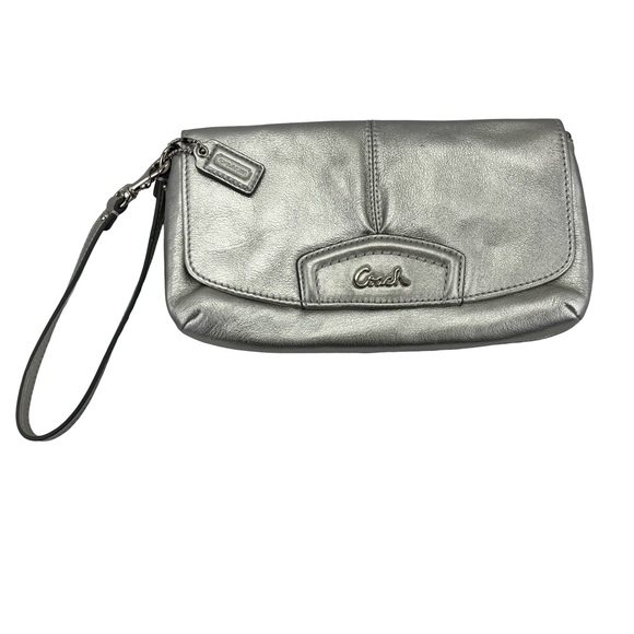 Coach Metallic Silver Leather Wristlet - Picture 1 of 11